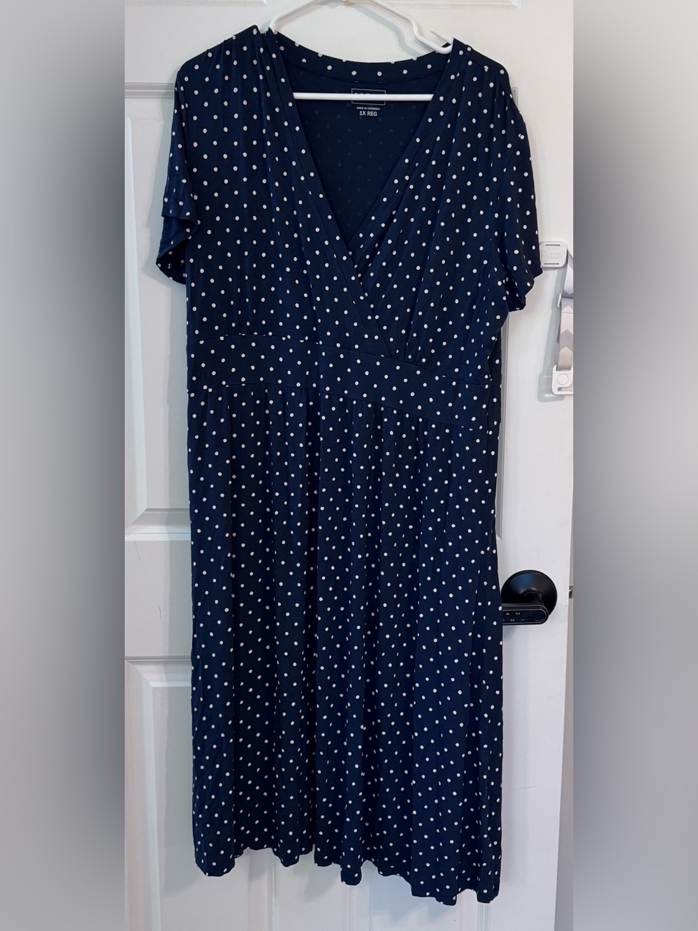 L.L.Bean Women’s Knit Midi Dress, faux wrap, navy blue with cream dots, 1X